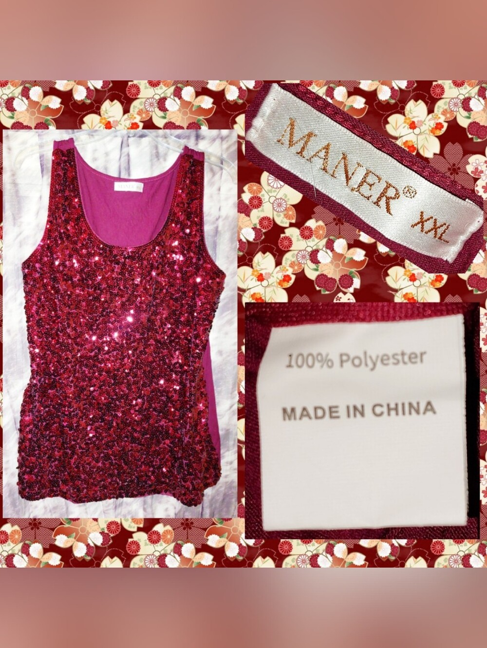 Maner brand Burgundy w/Front Sequins Slvless Soft Knit Tank Top Sz XXL(14/16/18)